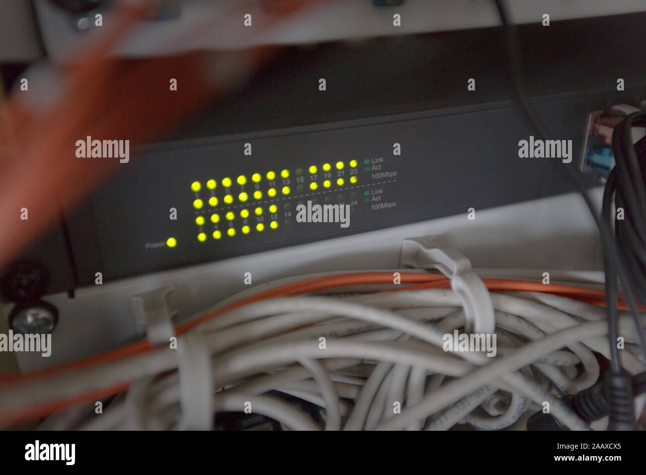 Rack Mounted Servers In A Server Room, close up Stock Photo