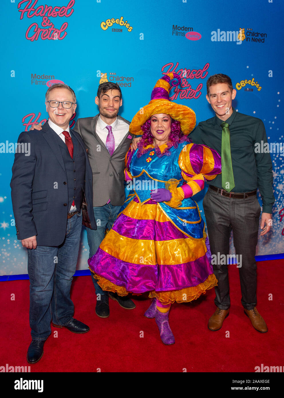 London, UK. 24 November 2019. Steven Kynman, Josh Haynes, Jennie Dale, & Joseph Elliot attend the Cbeebies Christmas Show: Hansel & Gretel UK Premiere held at Cineworld, Leicester Square. Credit: Peter Manning/Alamy Live News Stock Photo