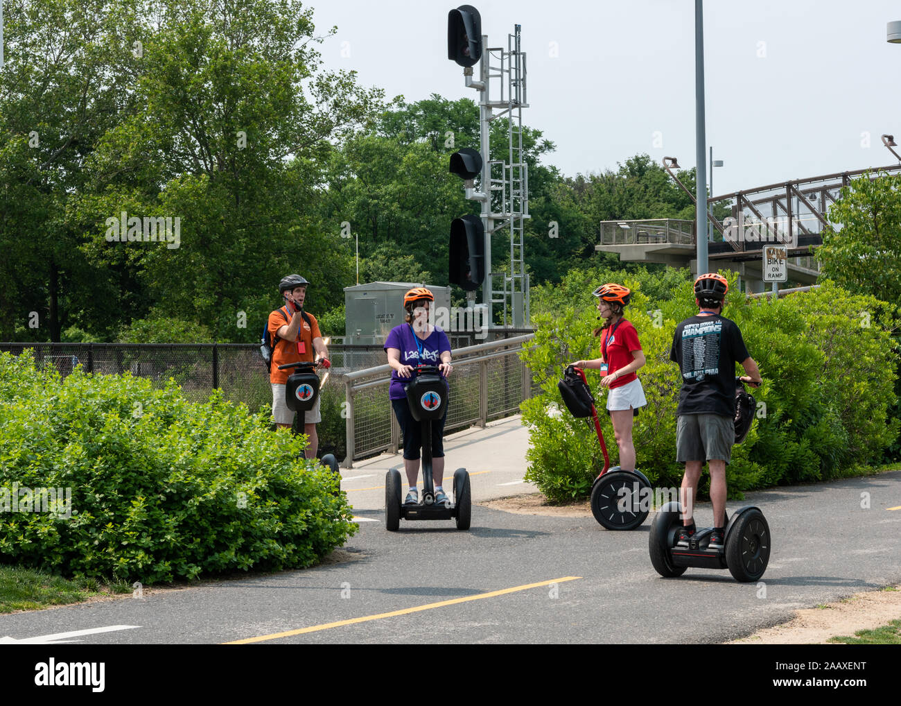 A colourful Philly by Segway tour group at Boles Circle by the Schuylkill River. Stock Photo