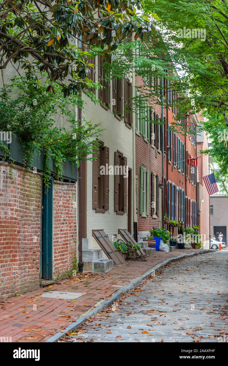 Town houses on a  tree-lined street in Philadelphia's historic Society Hill district of the Old City. Stock Photo