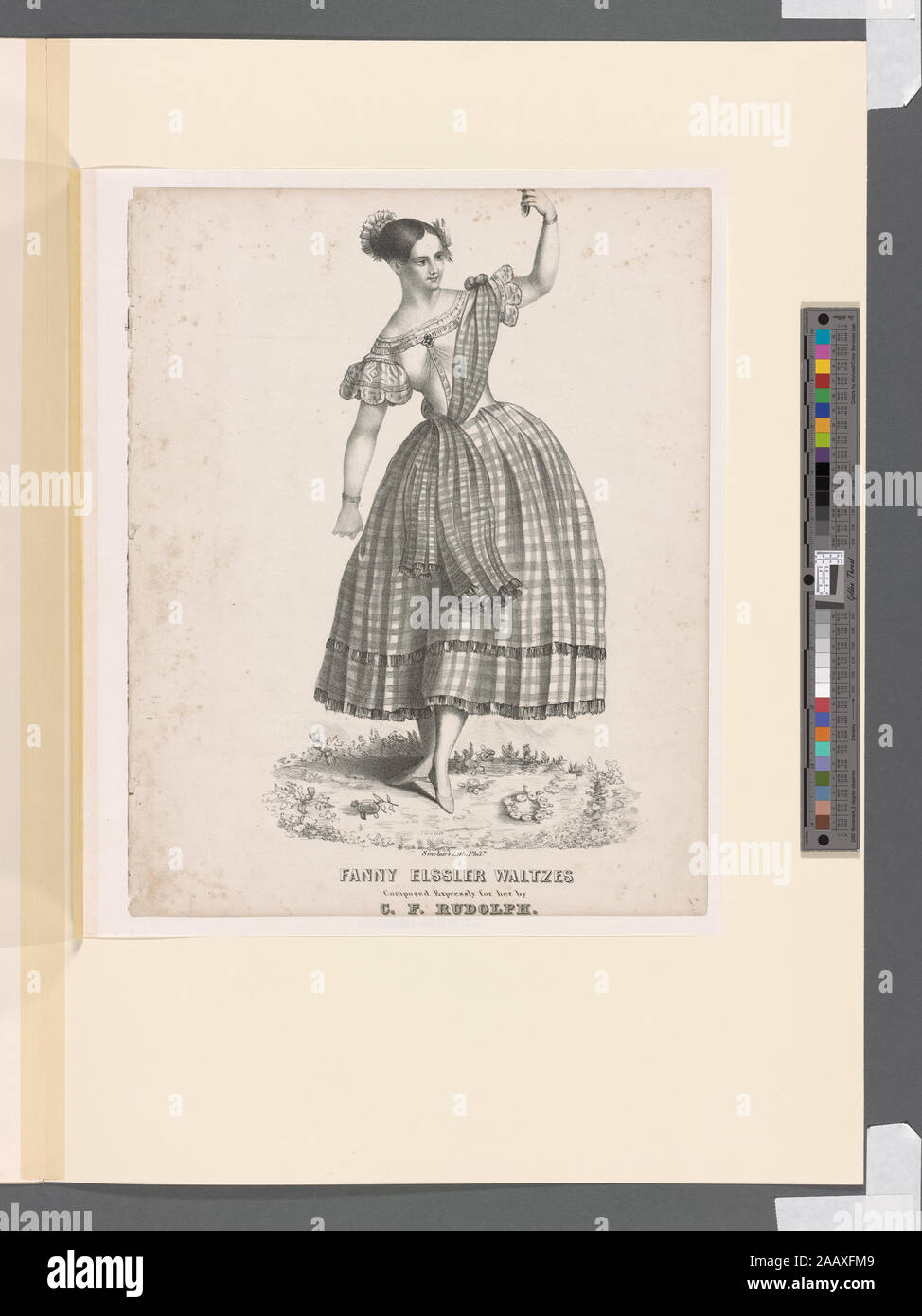 Fanny Elssler waltzes composed expressly for her by C F Rudolph Sheet music cover: Elssler slightly to left, looking right, left foot forward, left arm curved at shoulder level, holding castanets; wearing the cachucha costume turned into a plaid gown with a stole fastened at left shoulder and crossed to right hip.; Fanny Elssler waltzes composed expressly for her by C. F. Rudolph. Stock Photo