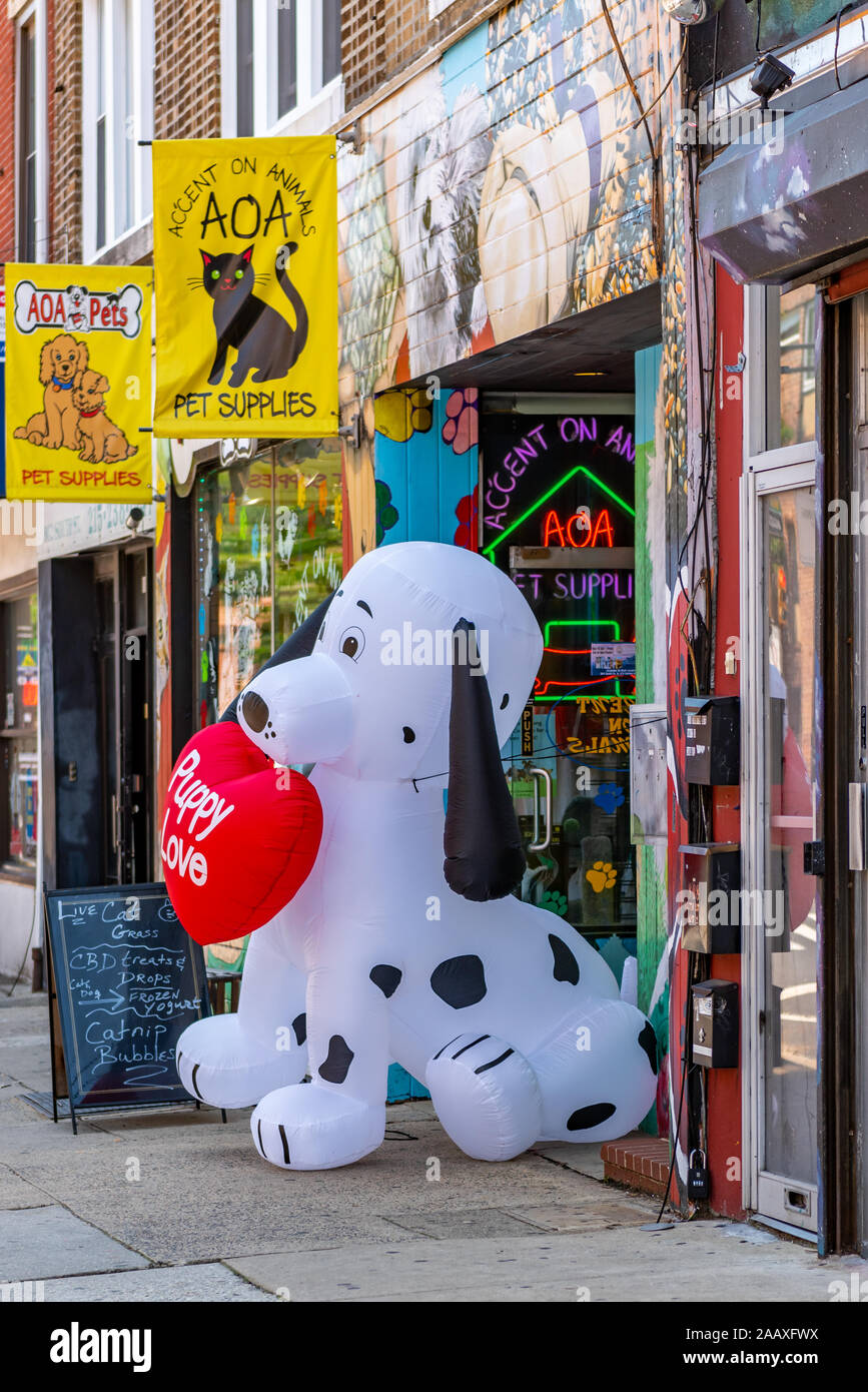A giant inflatable dalmation puppy on the sidewalk outside the Accent on Animals pet foods and supplies store at 804 South Street, Philadelphia Stock Photo