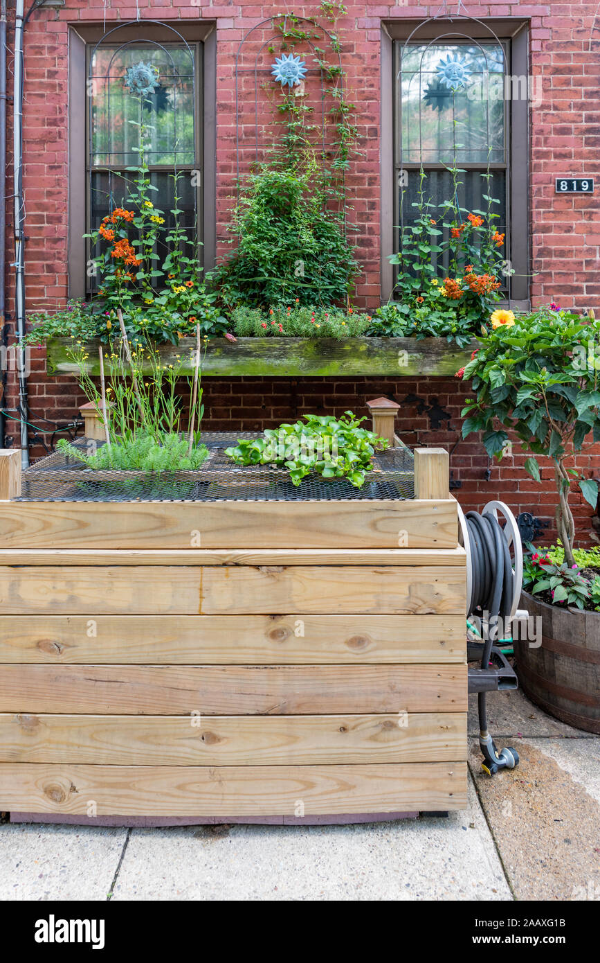 Large water butts filled with fish complete a street garden in front of a house in S.10th Street, Philadelphia Stock Photo