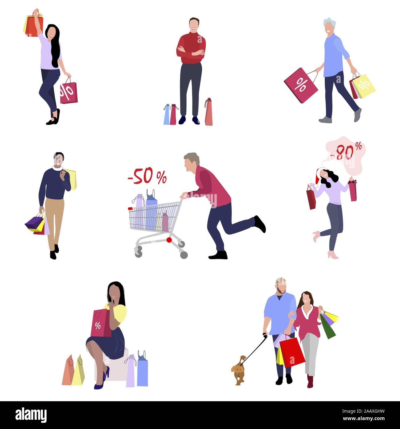 People with shopping bags, gifts and packs from retail and shop. Vector shop people, retail and store purchase, buyer with bag and cart illustration Stock Vector