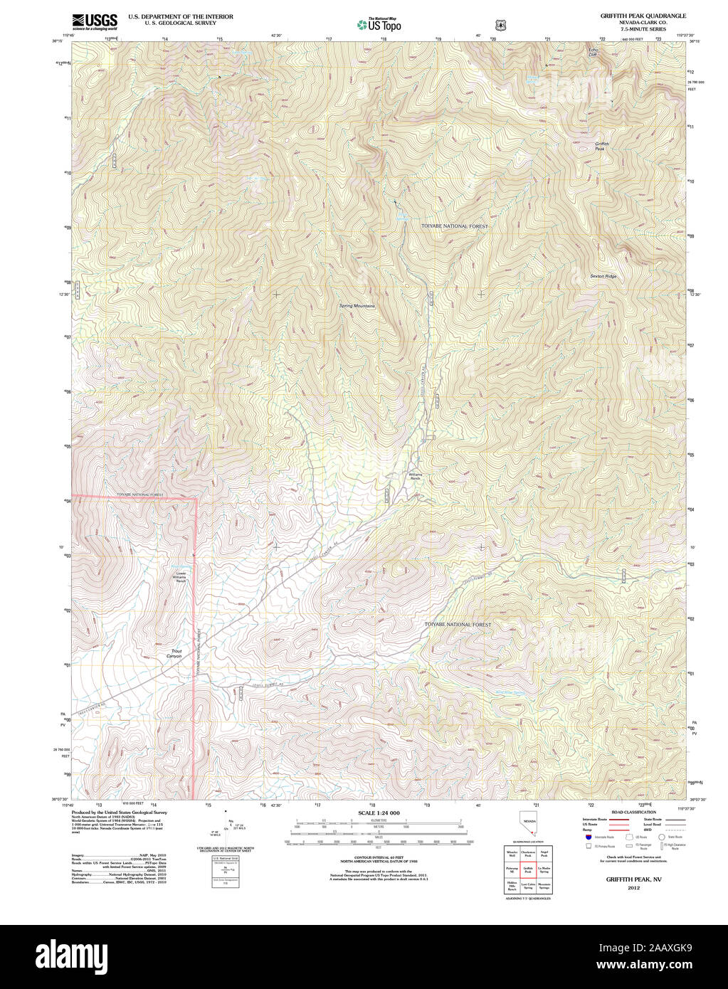 USGS TOPO Map Nevada NV Griffith Peak 20120125 TM Restoration Stock Photo