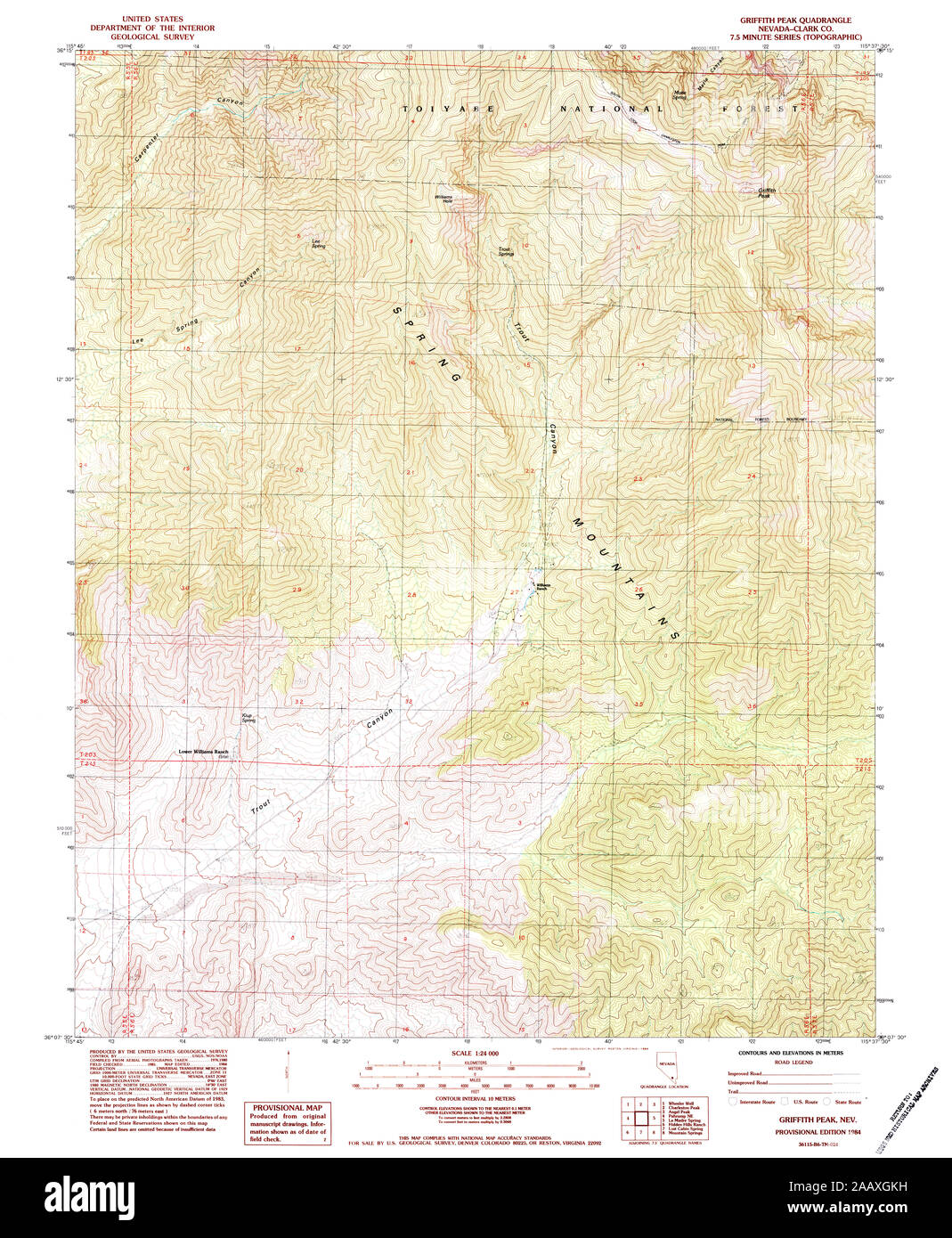 USGS TOPO Map Nevada NV Griffith Peak 318922 1984 24000 Restoration Stock Photo