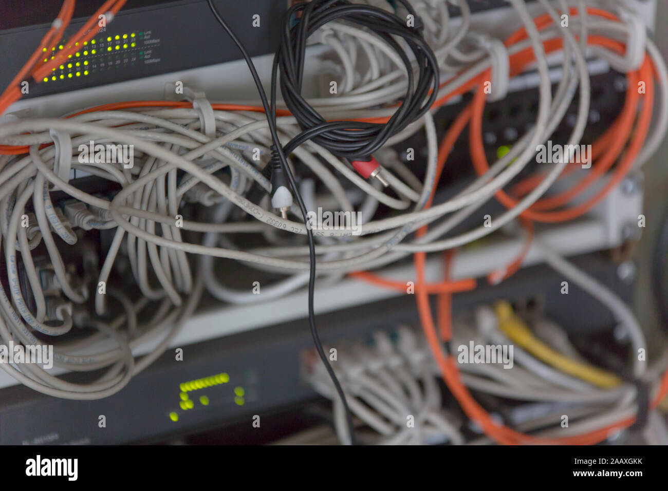 Rack Mounted Servers In A Server Room, close up Stock Photo