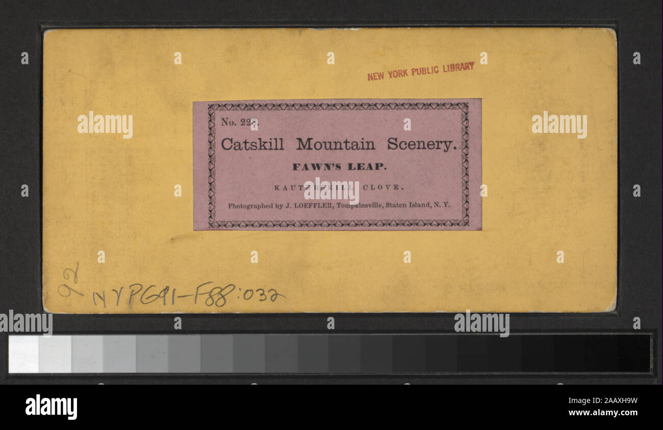 Fawn's Leap, Kauterskill Clove Catskill Mountain scenery, including mountains, glen and waterfall views, views of hotels, bridges, tourists, the Rip Van Winkle House and Sleepy Hollow. Some views duplicated. Robert Dennis Collection of Stereoscopic Views. Title from label. Includes several series with same title.; Fawn's Leap, Kauterskill Clove. Stock Photo