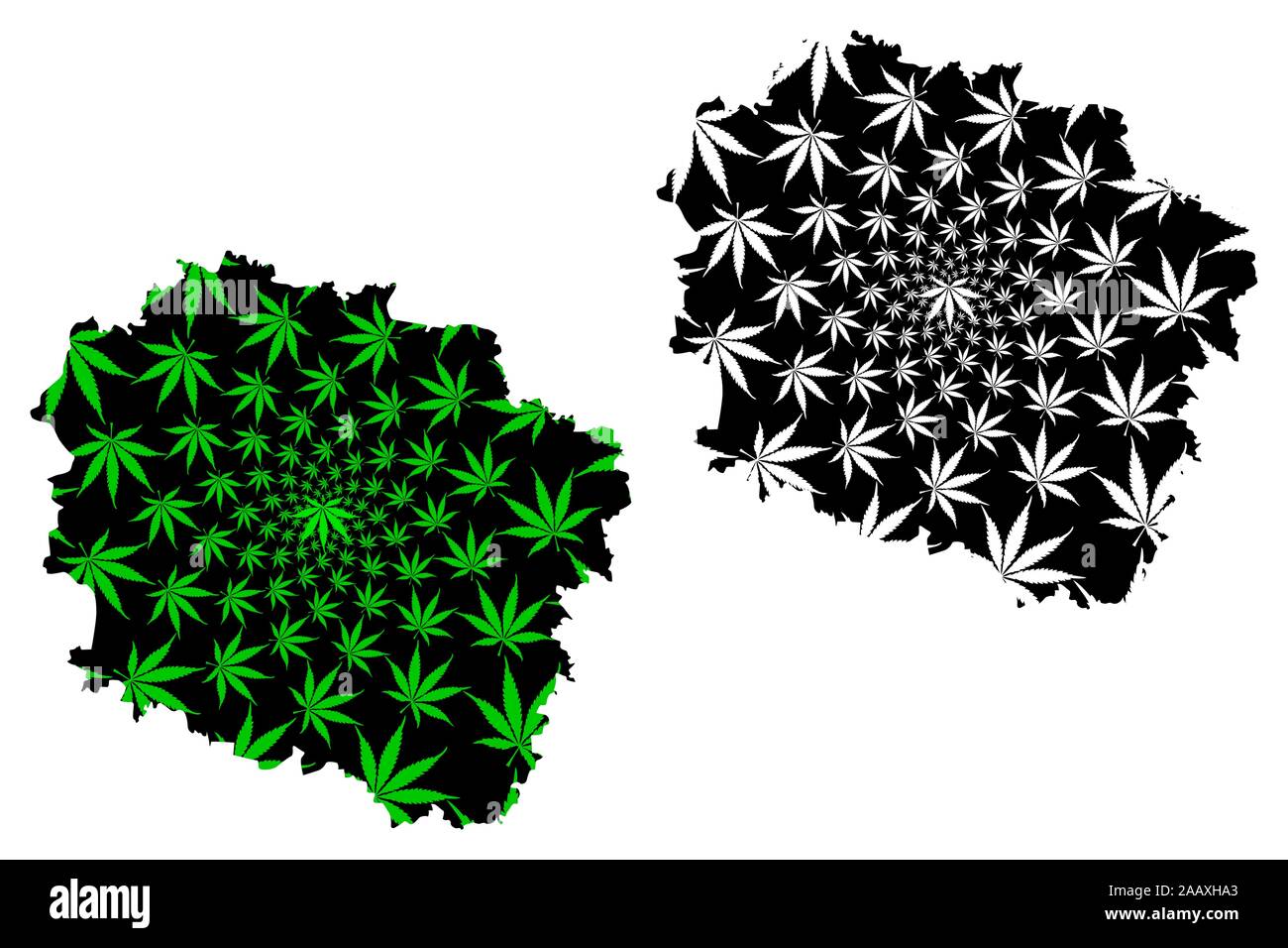 Kuyavian-Pomeranian Voivodeship map is designed cannabis leaf green and black, Cuiavian-Pomeranian (Kujawsko-Pomorskie or Kujawy-Pomerania Province) m Stock Vector
