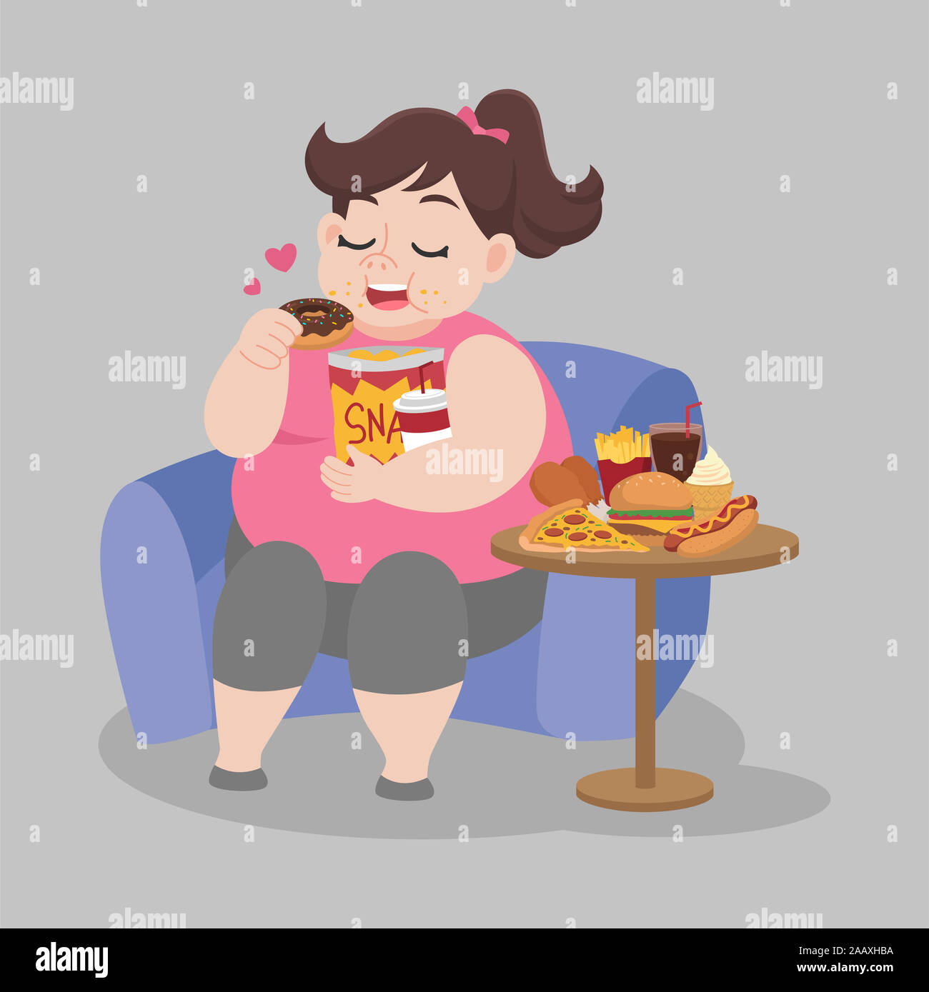 Big Fat Happy woman enjoy eating donut snack sitting on sofa, diet lose weight Healthcare concept Stock Photo