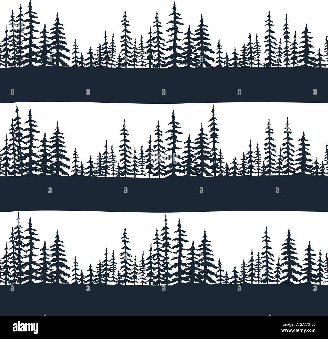 Seamless pattern with forest of Christmas fir trees silhouette. Coniferous spruce panorama. Park of evergreen wood. Vector on white background. Flat Vector illustration Stock Vector