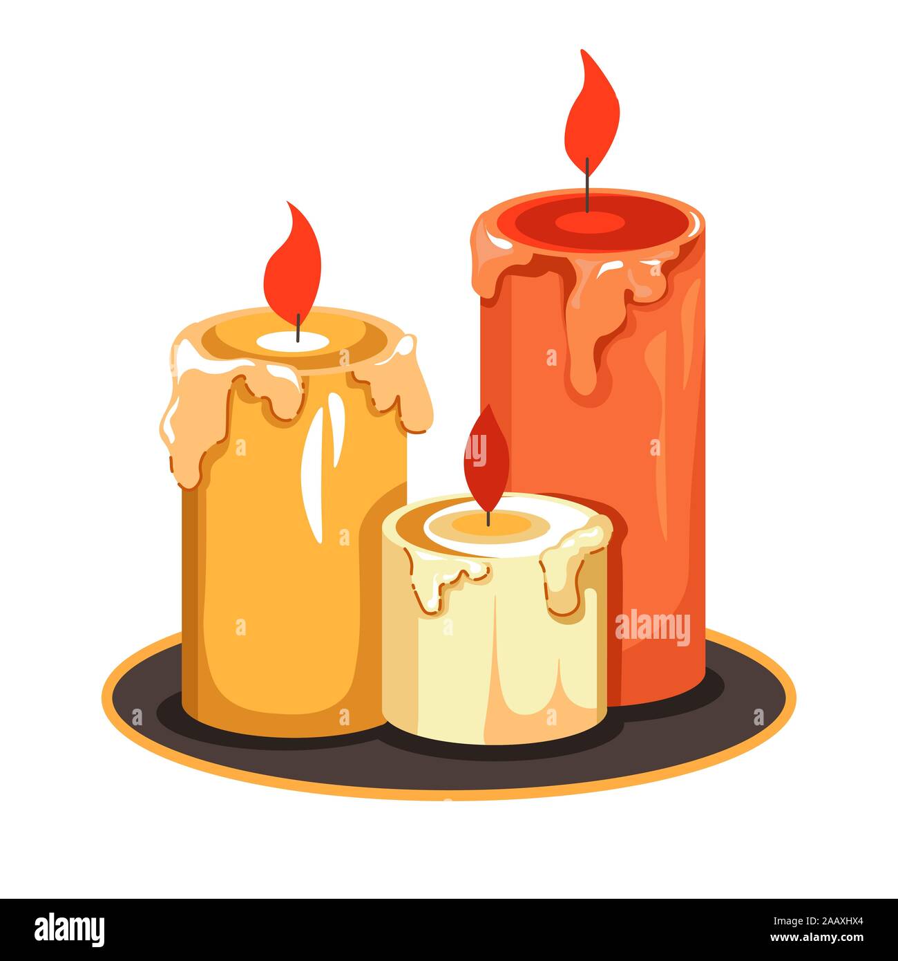 Candles on tray isolated icon, melting wax and flame Stock Vector