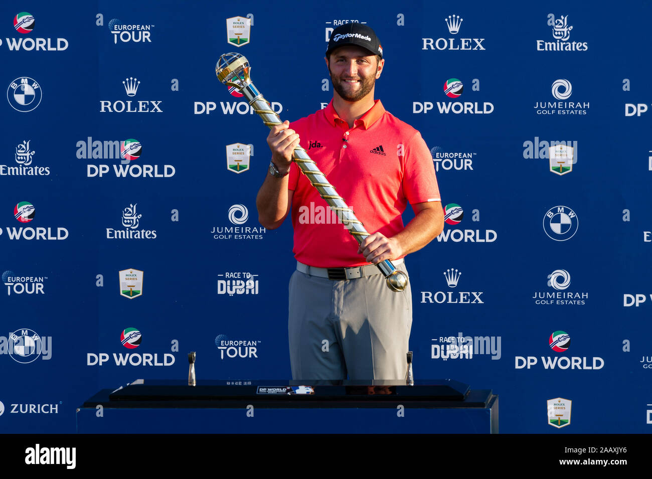 Dubai, UAE. 24th Nov, 2019. Jon Rahm of Spain poses with the winners trophy after victory in the DP World Tour Championship at Jumeirah Golf Estates, Dubai, UAE on 24 November 2019. Photo by Grant Winter. Editorial use only, license required for commercial use. No use in betting, games or a single club/league/player publications. Credit: UK Sports Pics Ltd/Alamy Live News Stock Photo