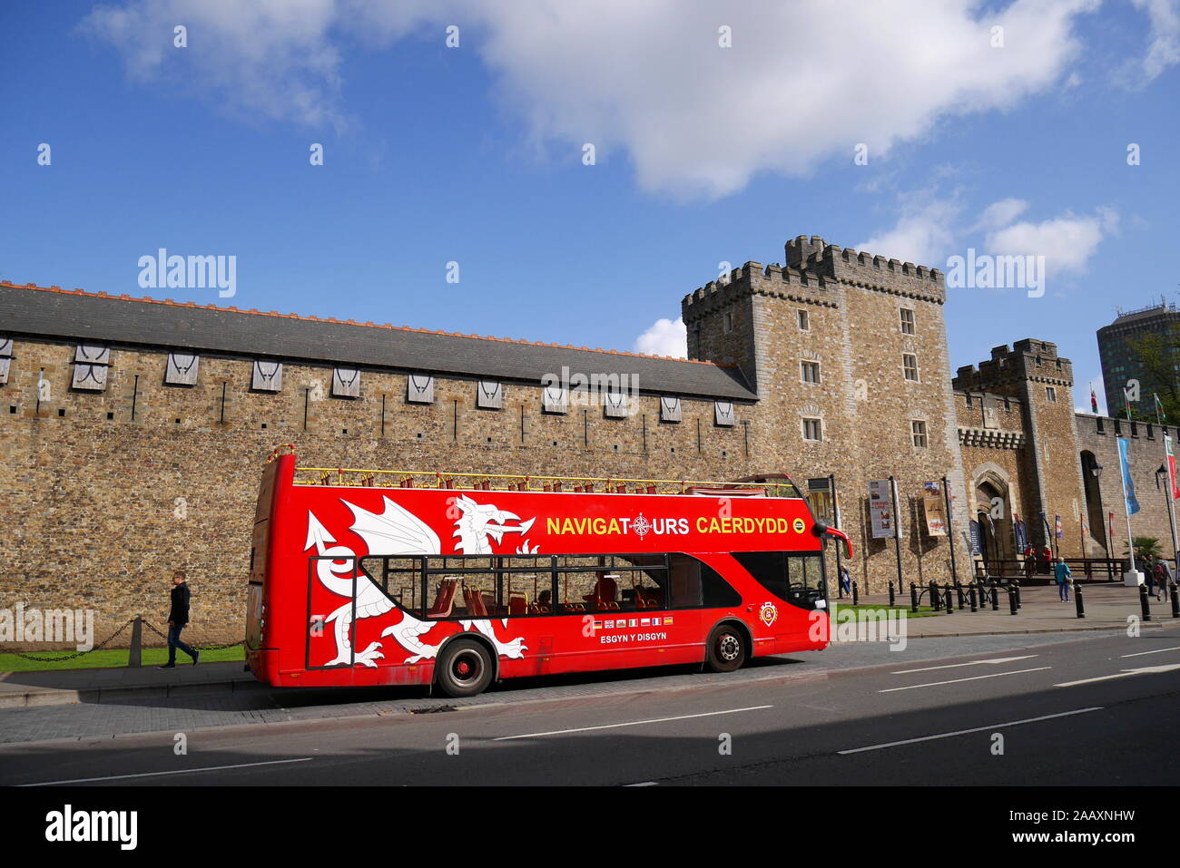 Tourist bus outside Cardiff Castle, Cardiff, South Glamorgan, South Wales, United Kingdom Stock Photo