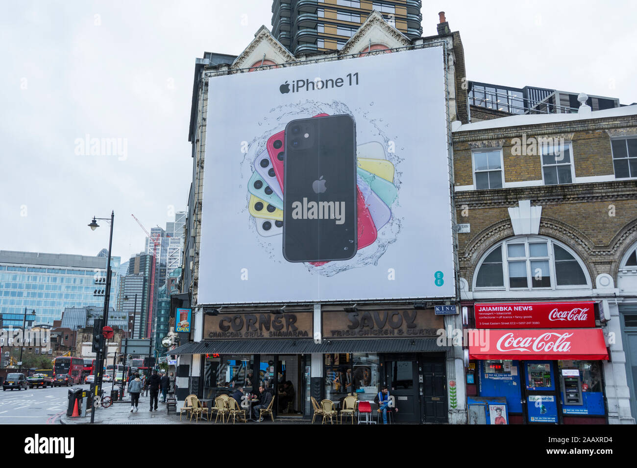 Apple iPhone 11 billboard in Shoreditch, City of London, UK Stock Photo
