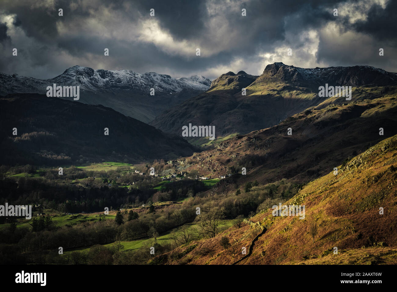 View towards the Langdale Pikes from Loughrigg Fell, English Lake District Stock Photo