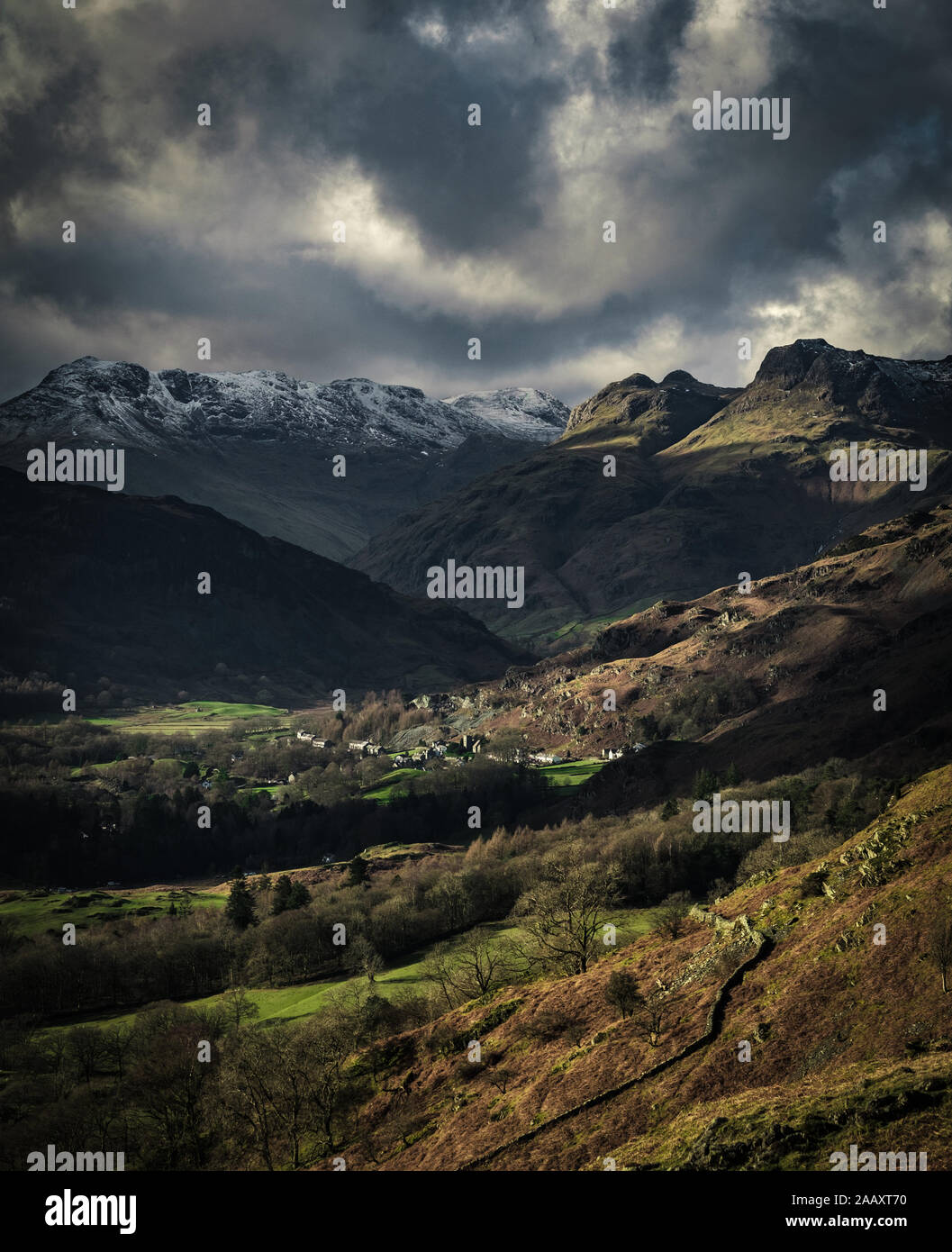 View of the Langdale Pikes from Loughrigg Fell in the English Lake District Stock Photo