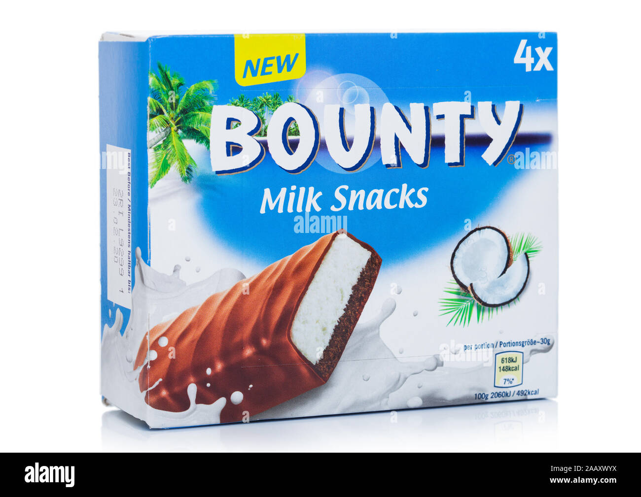 LONDON, UK - NOVEMBER 17, 2019: Pack of Bounty Milk Snacks on white. Stock Photo