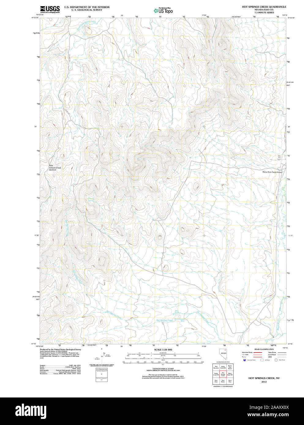 USGS TOPO Map Nevada NV Hot Springs Creek 20120131 TM Restoration Stock ...