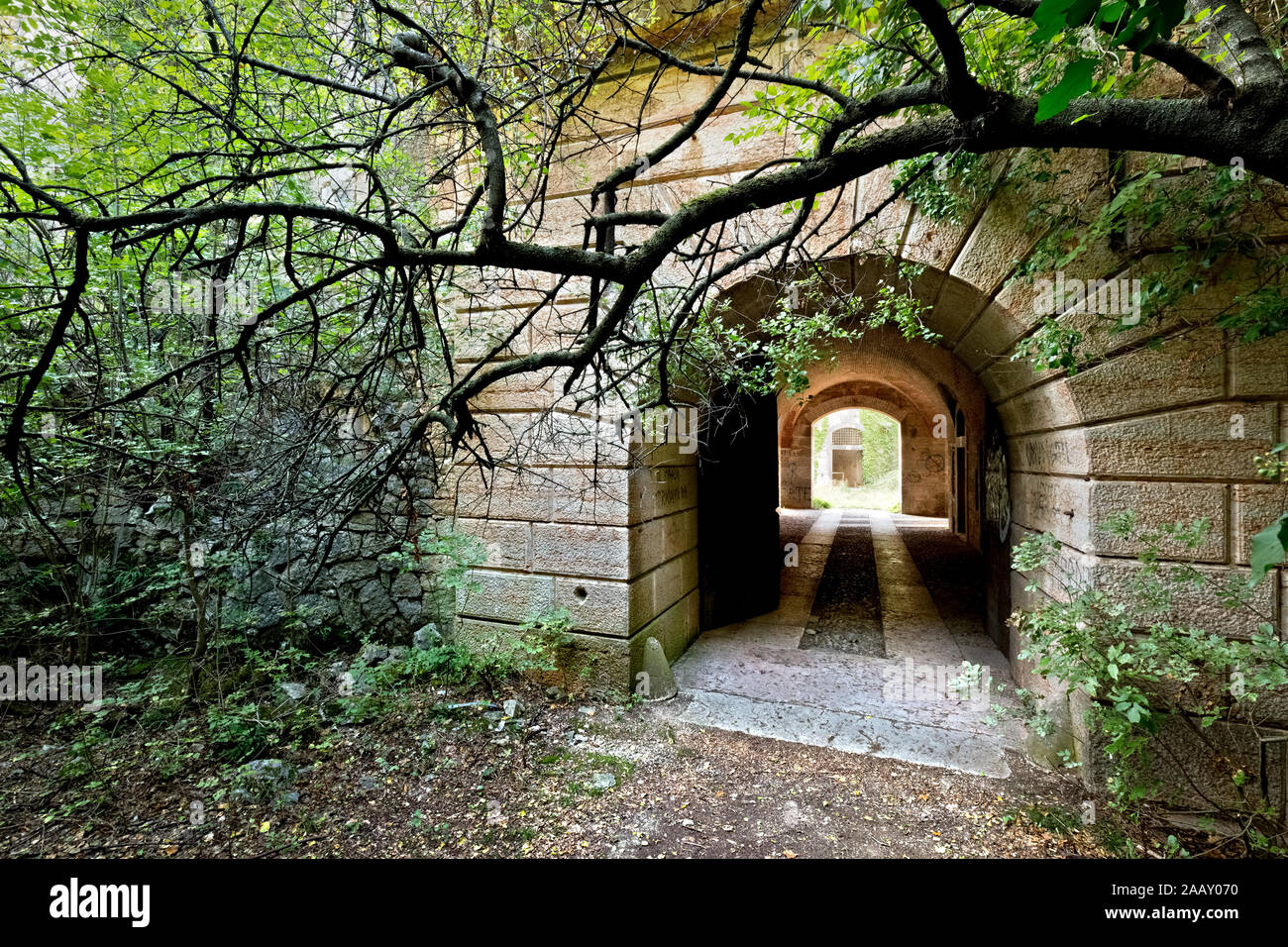 The entrance to Fort Hlawaty is hidden by vegetation. Ceraino, Verona province, Veneto, Italy, Europe. Stock Photo