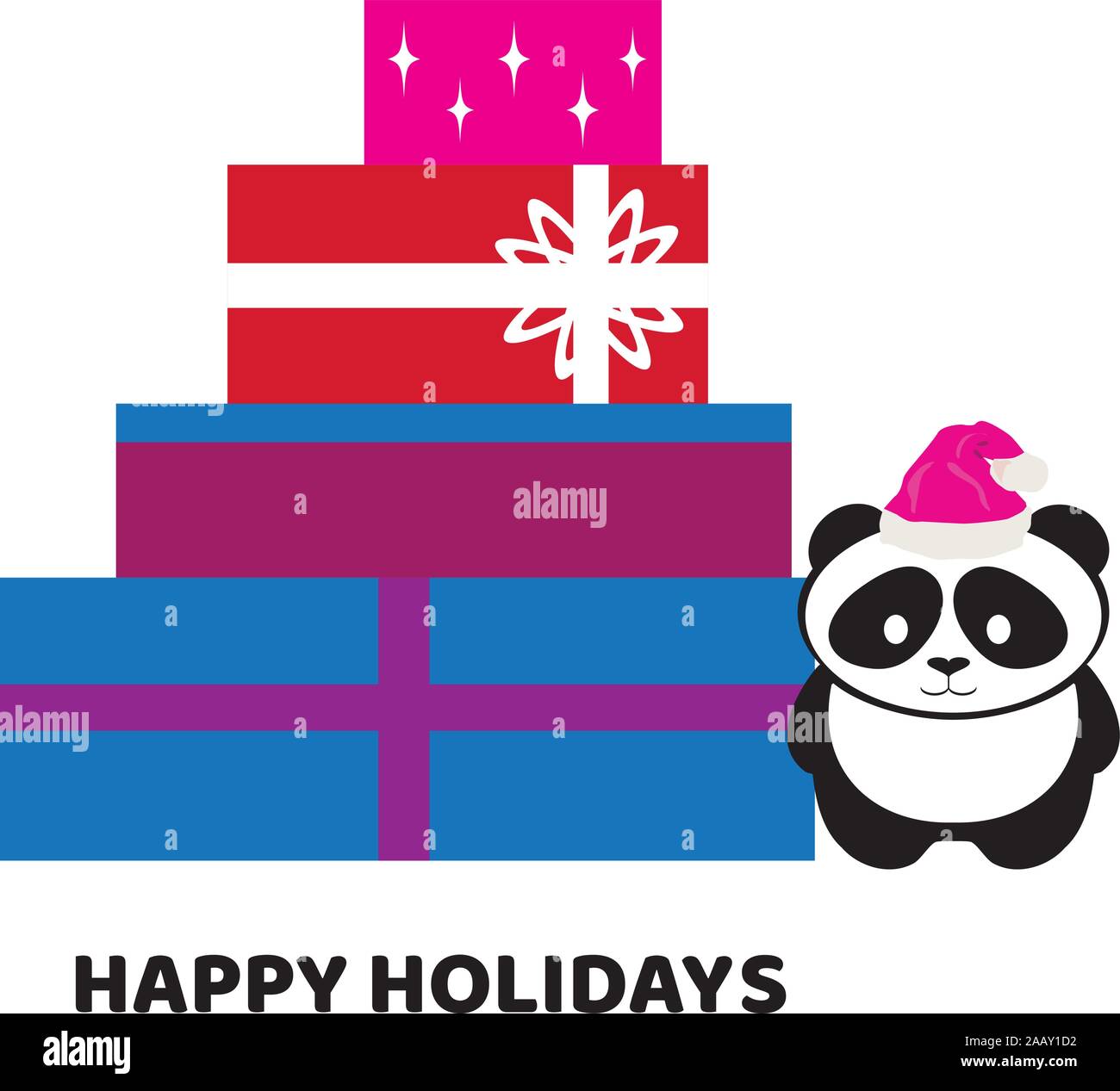 vector illustration of Christmas boxes and a cute panda bear in Santa hat. Stock Vector