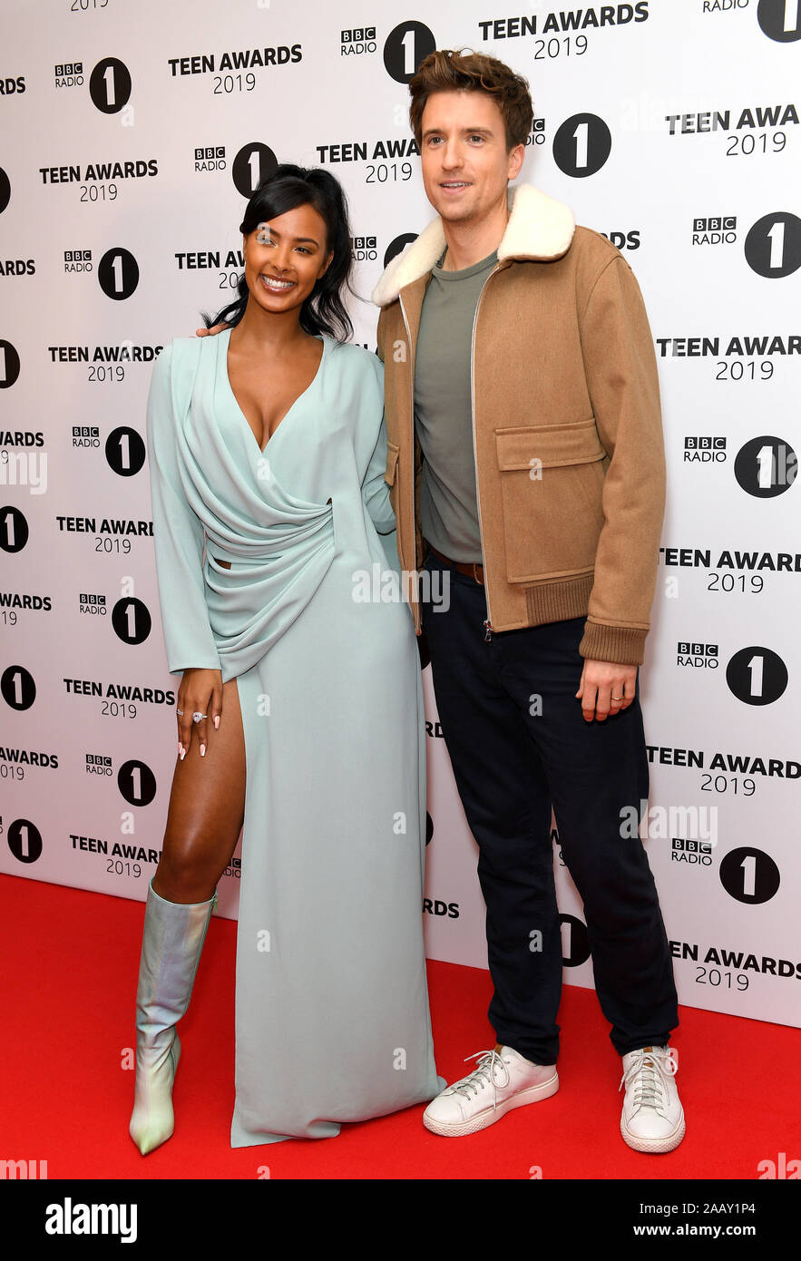 Maya Jama (left) and Greg James attending the BBC Radio 1 Teen Awards 2019 held at Television Centre, London. Stock Photo