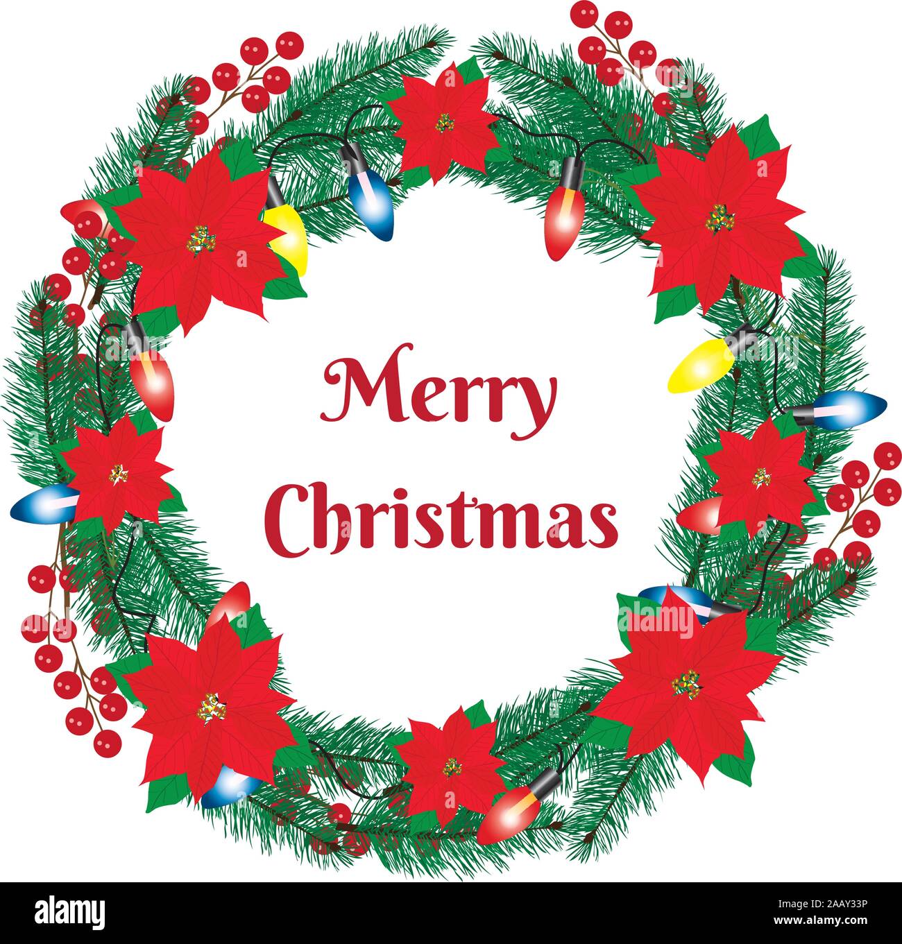 vector illustration of a Christmas wreath with poinsettias Stock Vector ...