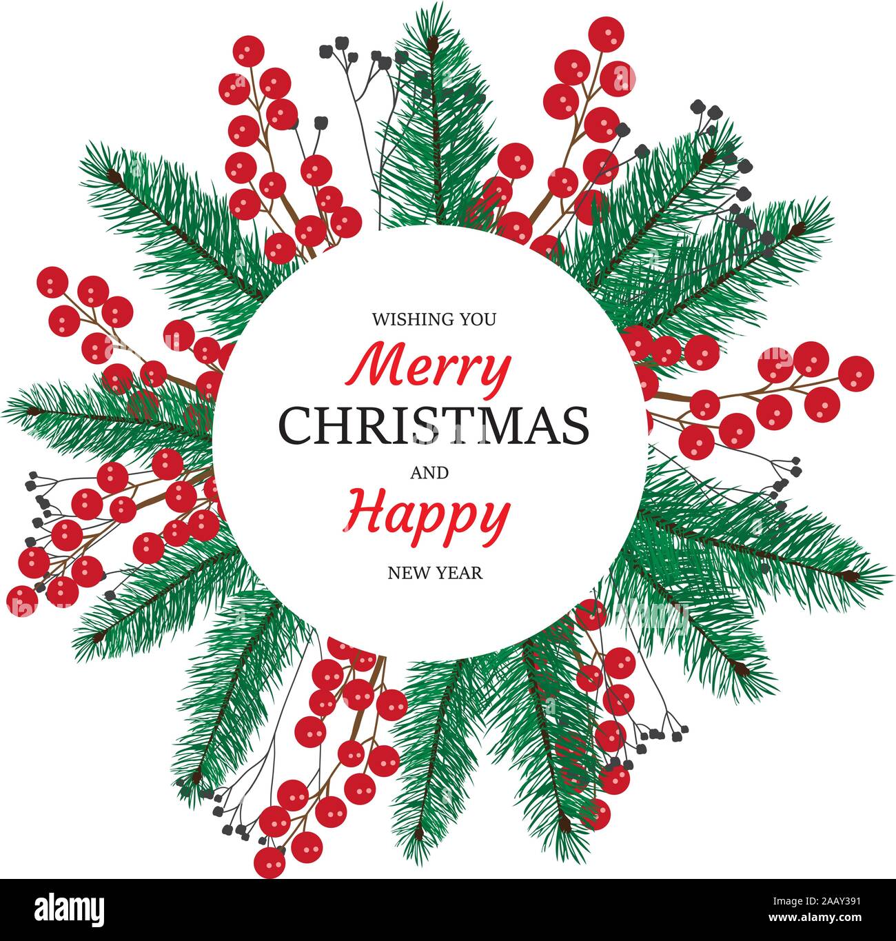 vector illustration of Christmas frame with pine tree branches, red ...