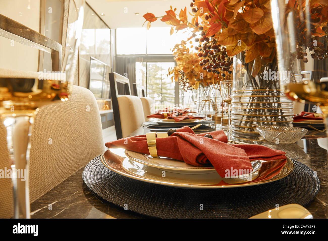 Table Setting With Autumn Decorations Glasses And Plates