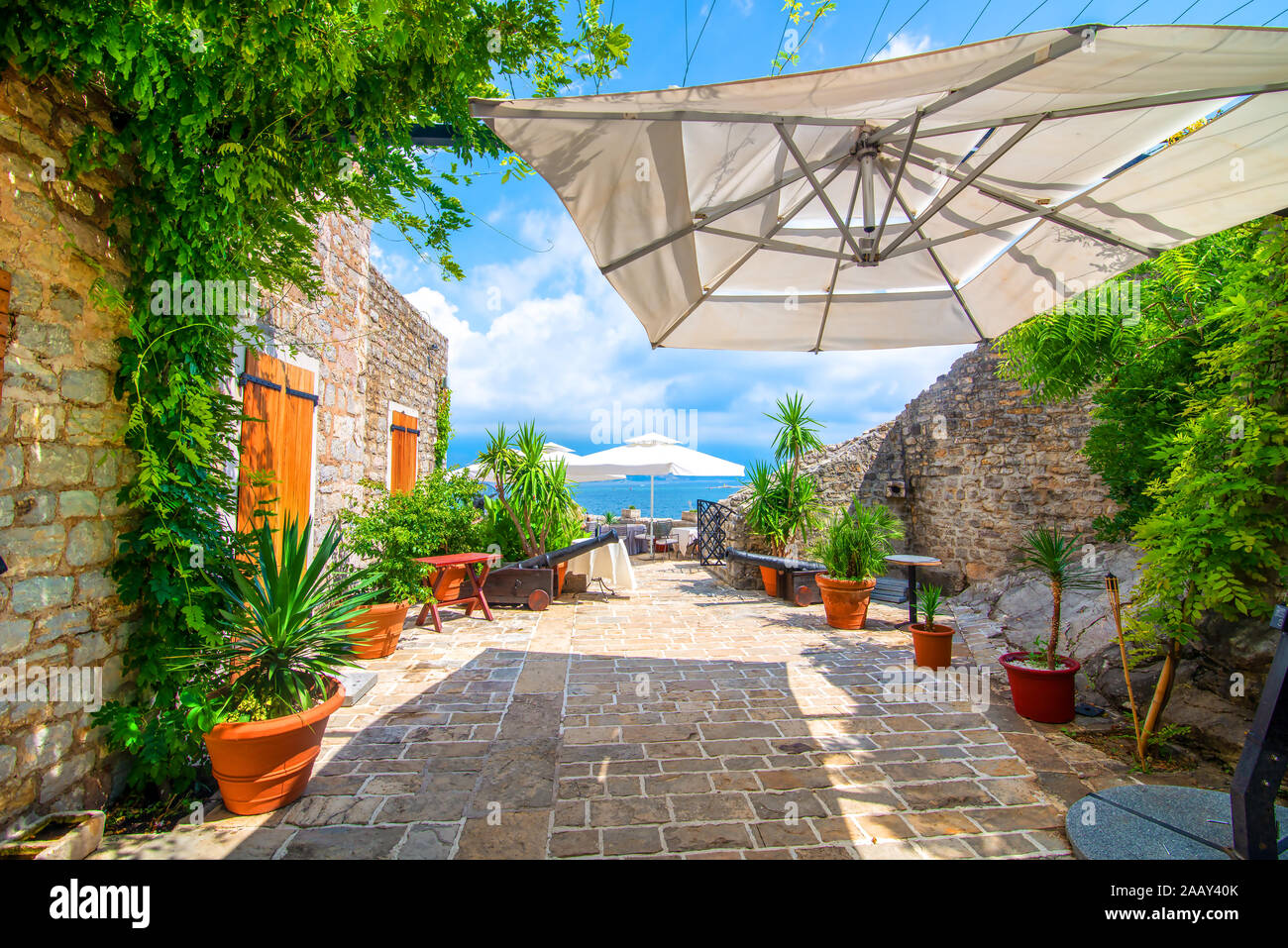 Courtyard in the old town of Budva, Montenegro Stock Photo