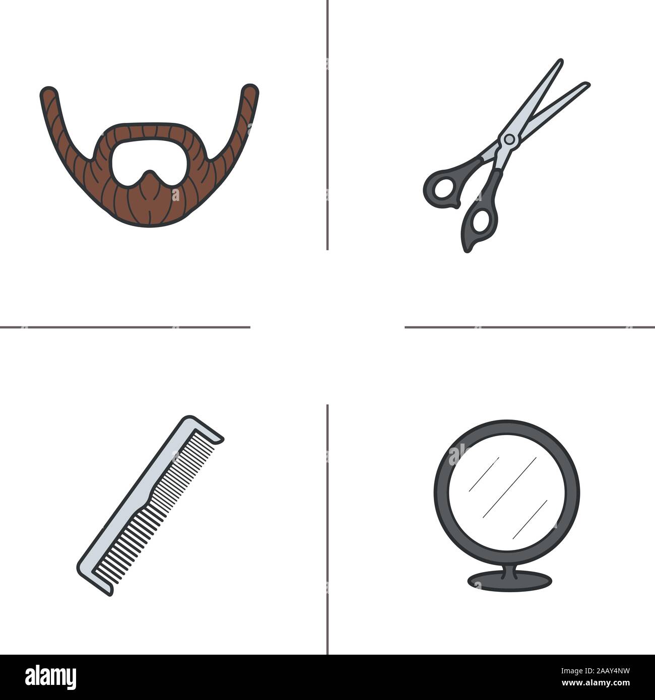 Barber shop color icons set. Beard, scissors, comb and round mirror