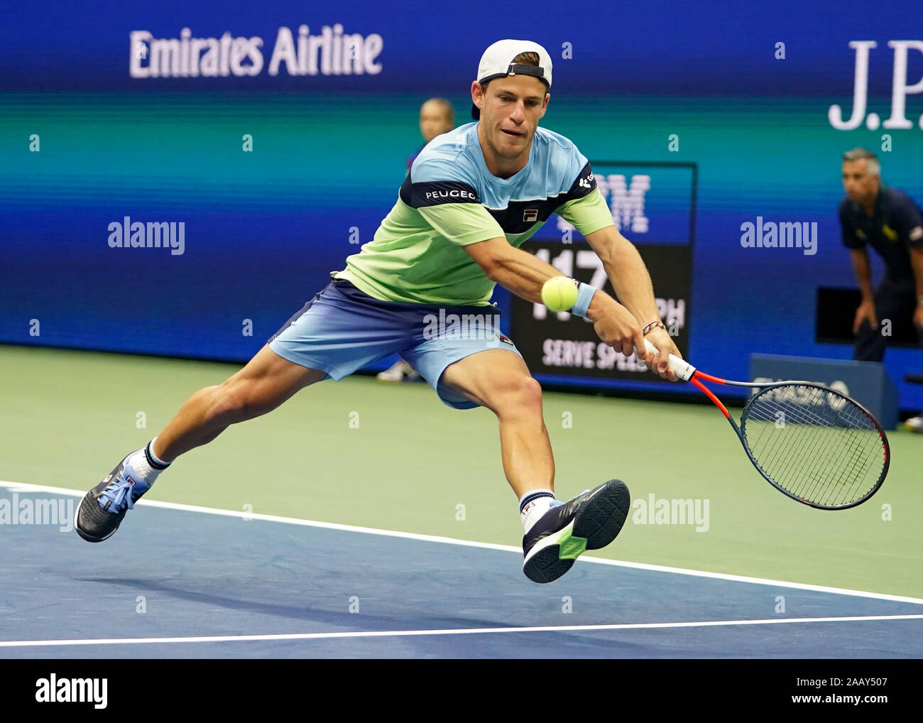 Argentinian tennis player Diego Schwartzman (ARG) playing a backhand ...