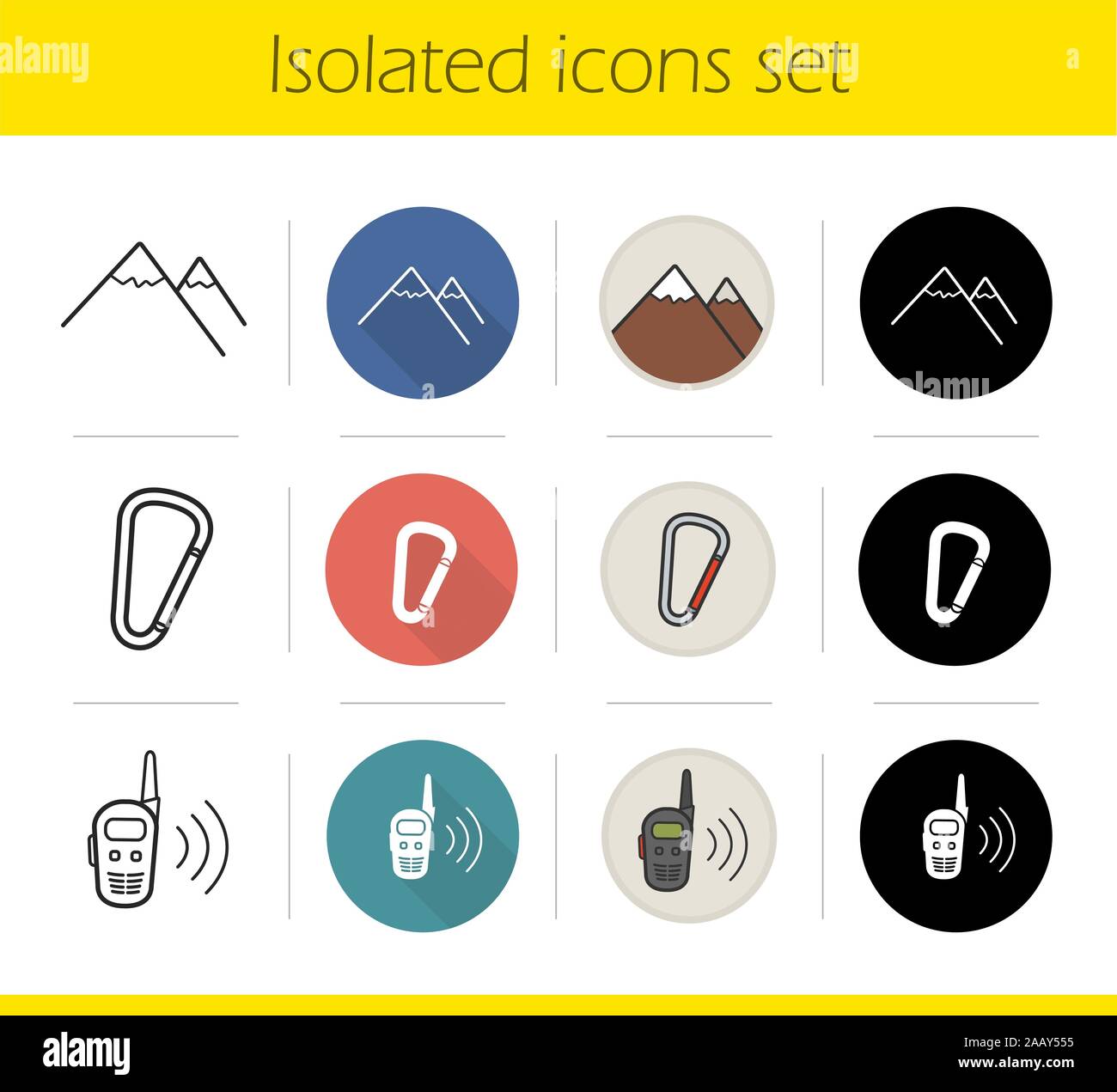 Hiking icons set. Flat design, linear, black and color styles. Mountaineering equipment. Mountain range, carabiner, spring hook, radio set. Climbing i Stock Vector