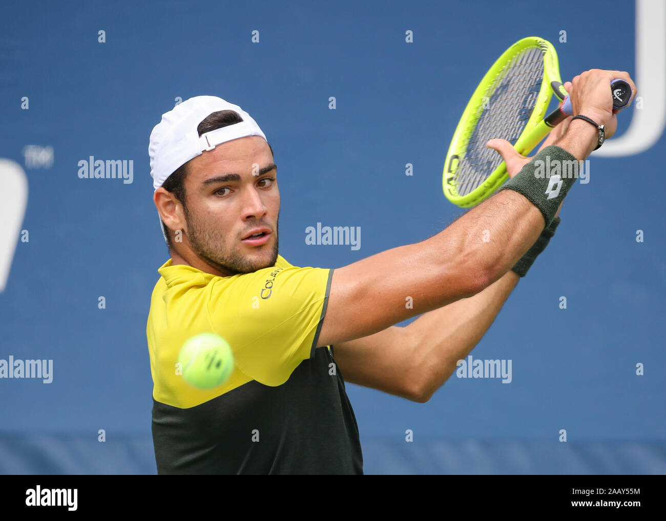 Italian tennis player Matteo Berrettini (ITA) playing a backhand shot during 2019 US Open tennis tournament, New York City, New York State, USA Stock Photo