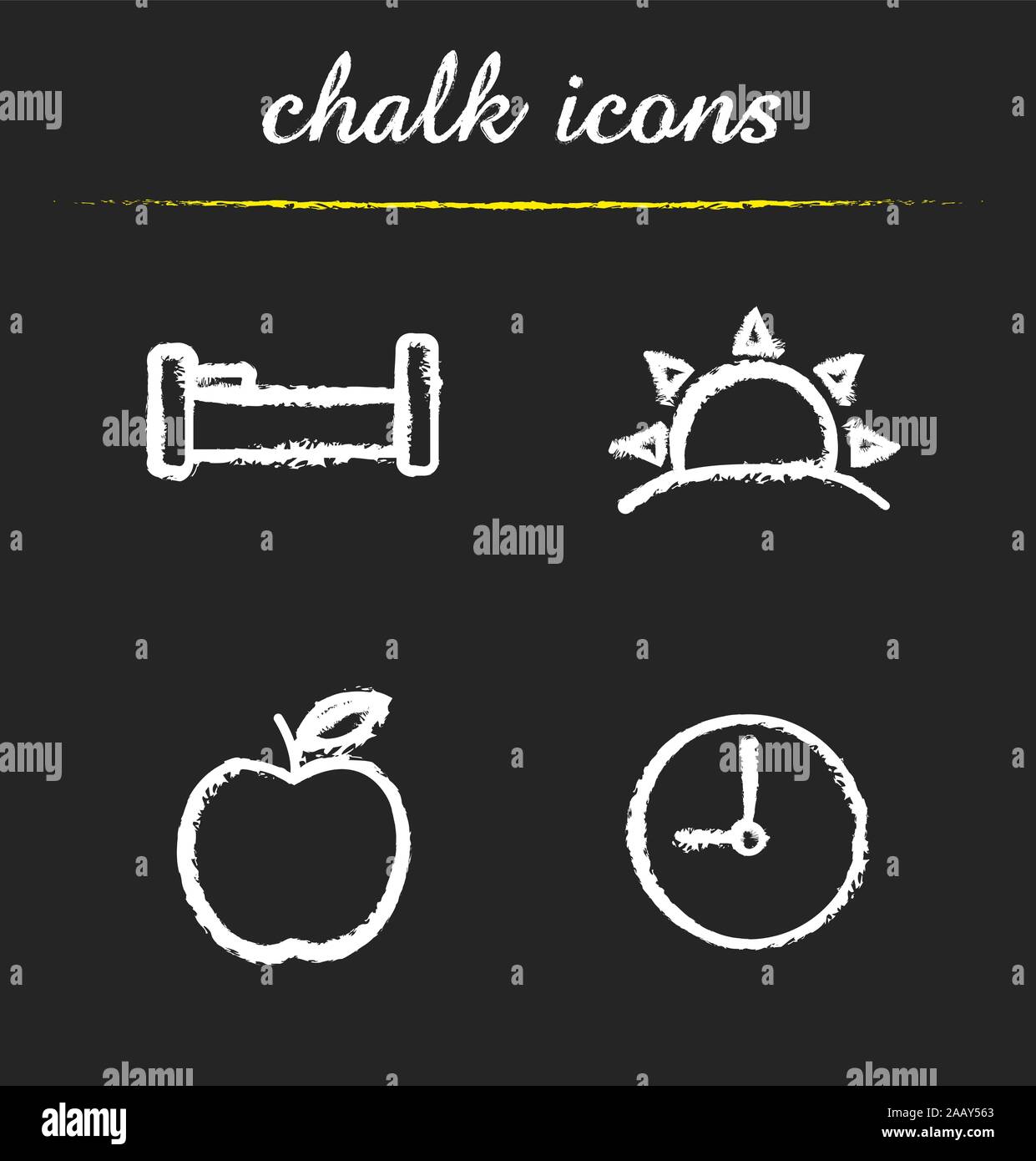 Daily timetable icons set. Bed, sunrise, apple and clock. Waking up, morning time and breakfast symbols. Isolated vector chalkboard drawings Stock Vector