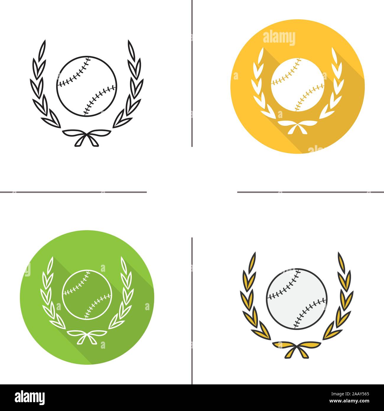 Baseball ball in laurel wreath icon. Flat design, linear and color styles. Softball championship trophy symbol. Isolated vector illustrations Stock Vector