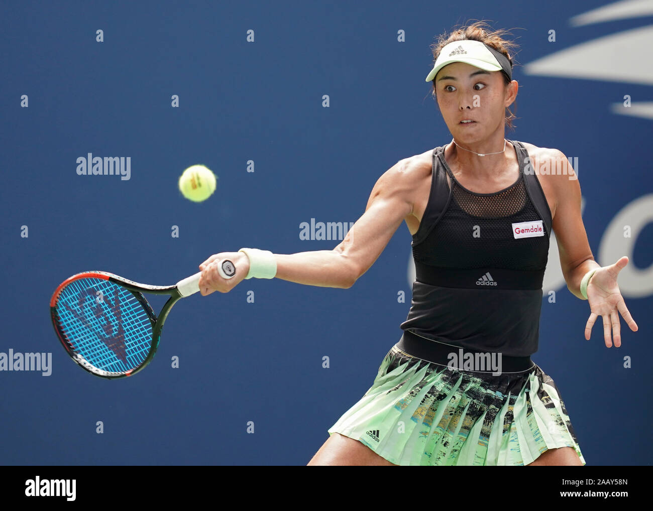 Swiss tennis player Belinda Bencic (SUI) playing a backhand shot during 2019 US Open tennis tournament, New York City, New York State, USA Stock Photo