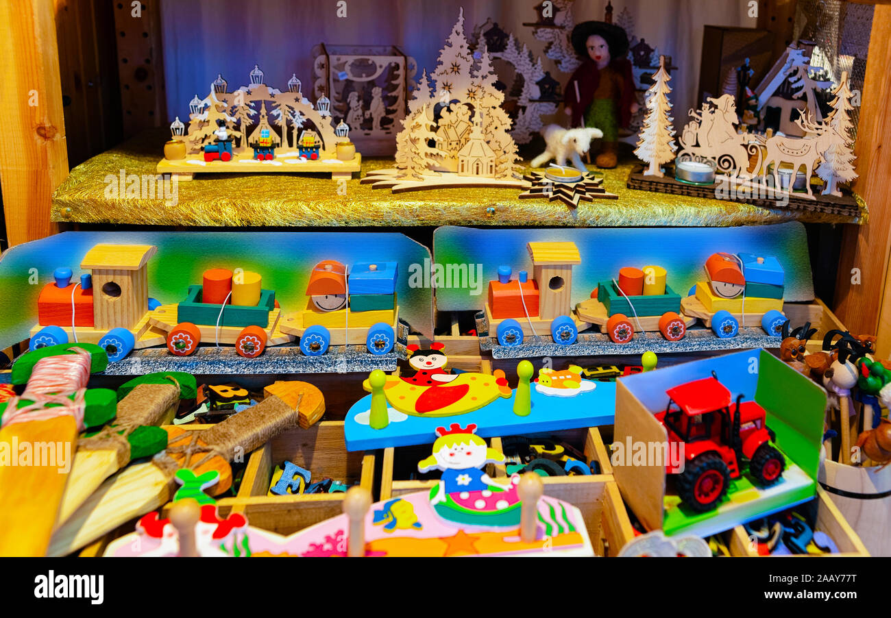 Wooden Christmas tree toys on Christmas market in Germany reflex Stock