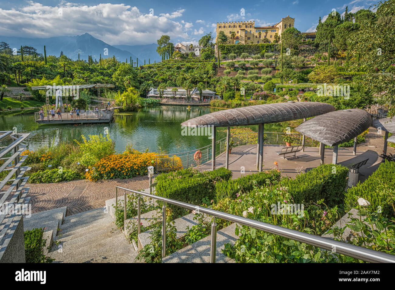 Botanical gardens with view of Trauttmansdorff Castle Meran, Trentino