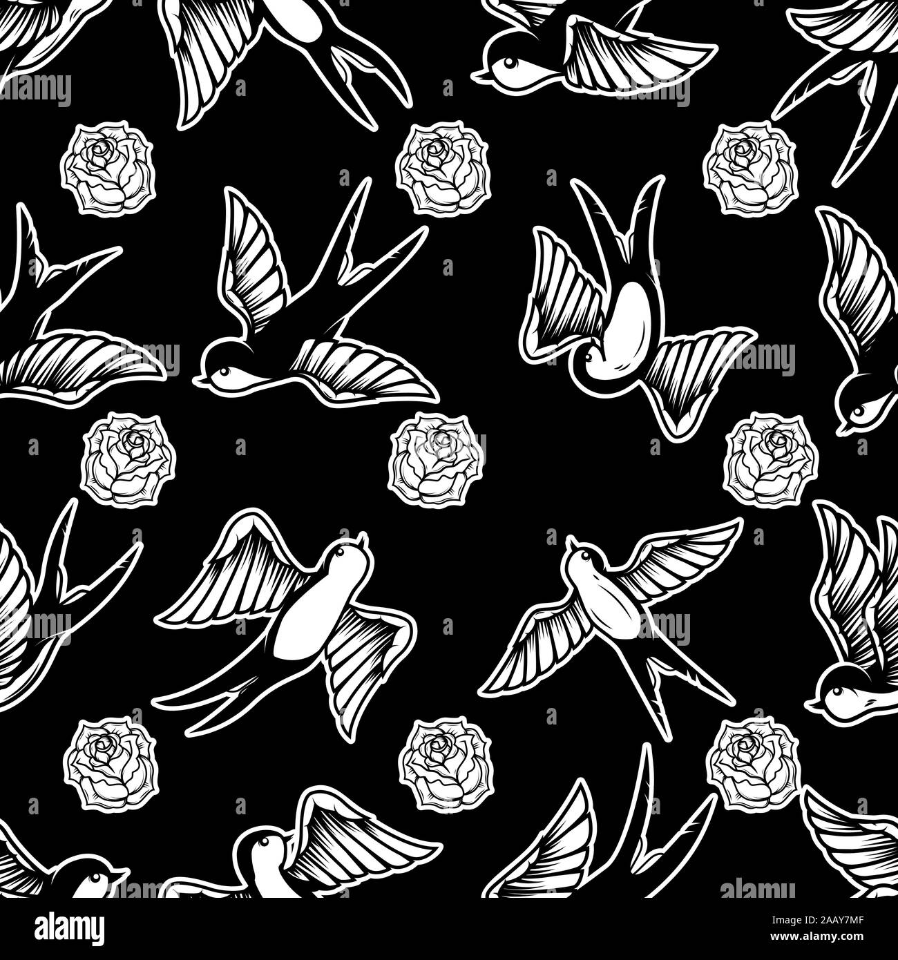 Seamless Pattern With Swallows And Roses In Old School Tattoo