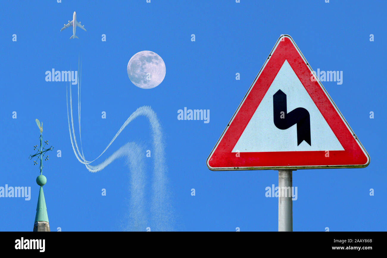 Flugzeug weicht einem Verkehrsschild entsprechend dem Mond aus, Deutschland | airplane obeying traffic sign, avoiding crash with a moon, Germany | BLW Stock Photo