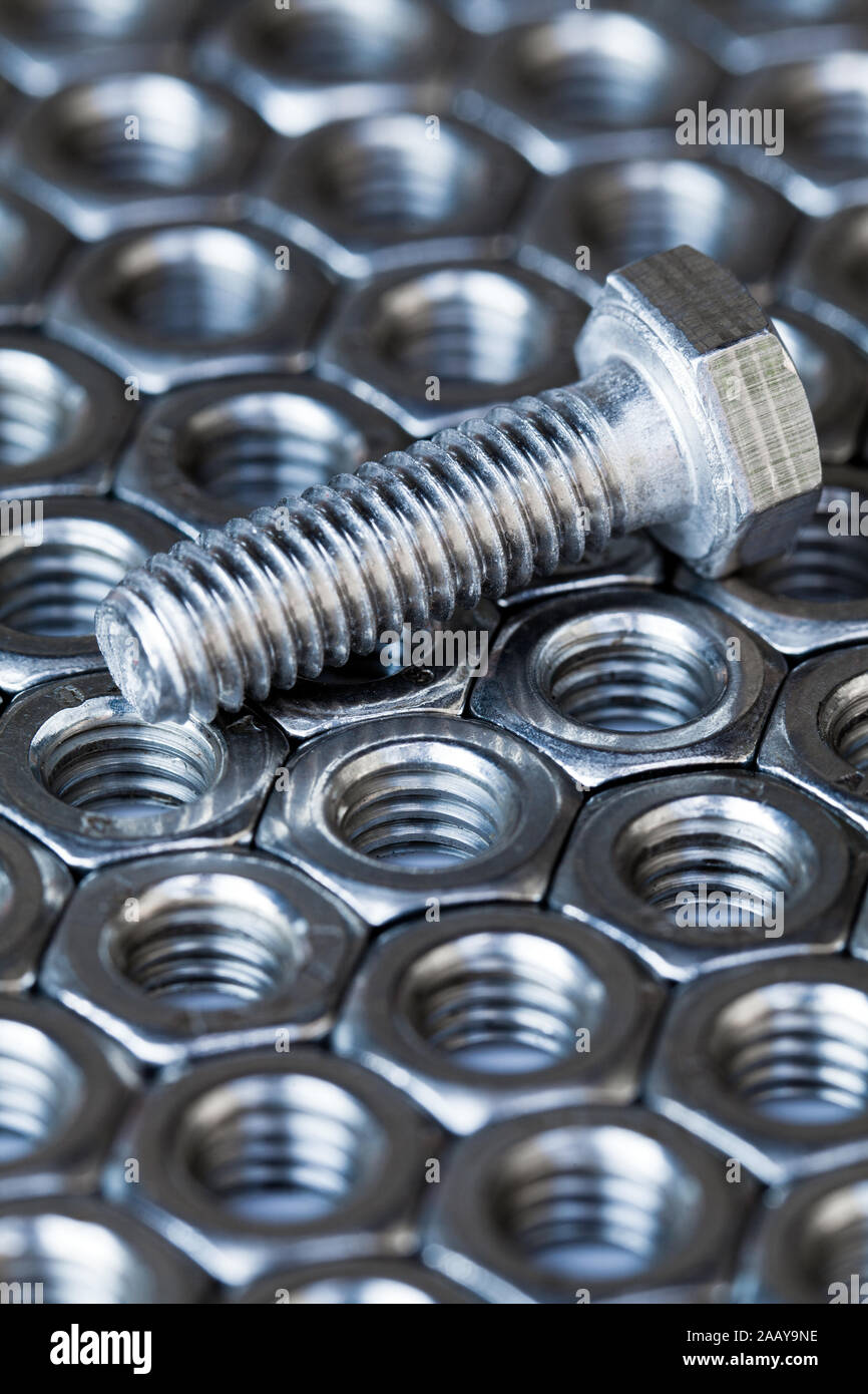 bolt with nuts in stainless steel Stock Photo