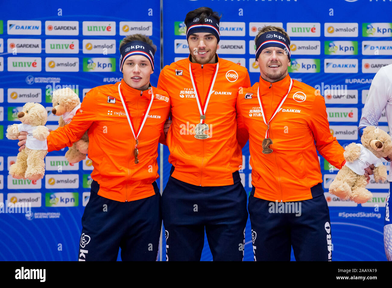 Tomaszow Mazowiecki Poland 24th Nov 2019 Tomaszow Mazowiecki Arena Lodowa 24 11 2019 Season 2019 2020 Isu World Cup Speedskating Team Pursuit Men Winner Netherlands Marcel Bosker L Patrick Roest M Douwe De Vries R