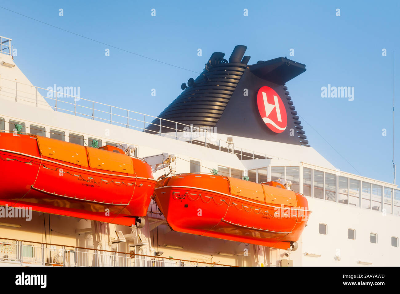 The funnel of Hurtigruten ship MS Polarlys is pictured in Kirkenes, Norway. Stock Photo