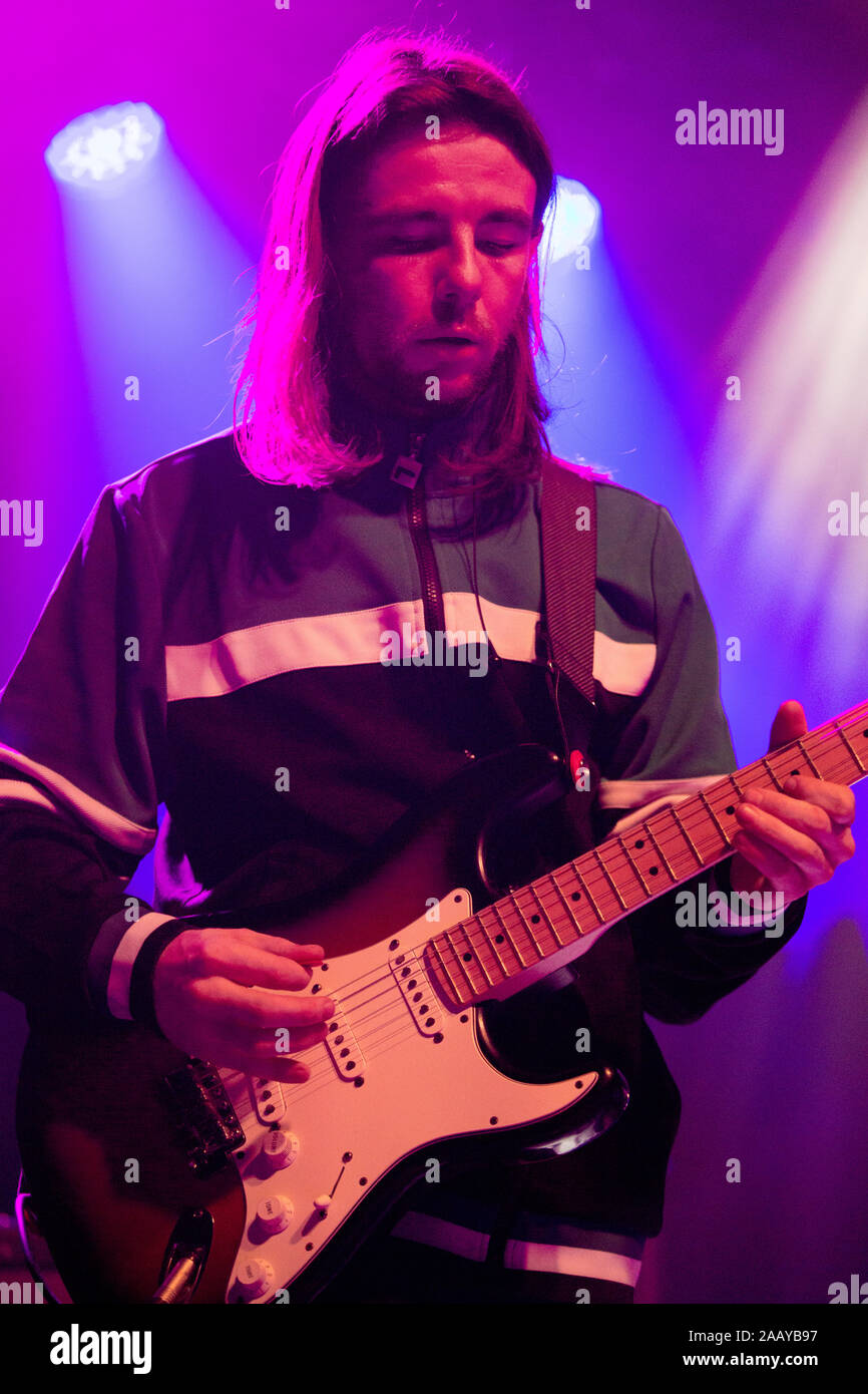 Manchester, UK. 23rd November, 2019. Scottish band The Snuts perform live at Manchester Academy 1 supporting Lewis Capaldi in a sold out show. Stock Photo