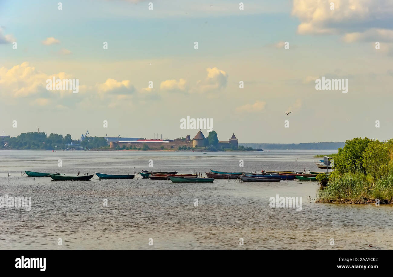 Boats and ships on lake Ladoga. Stock Photo