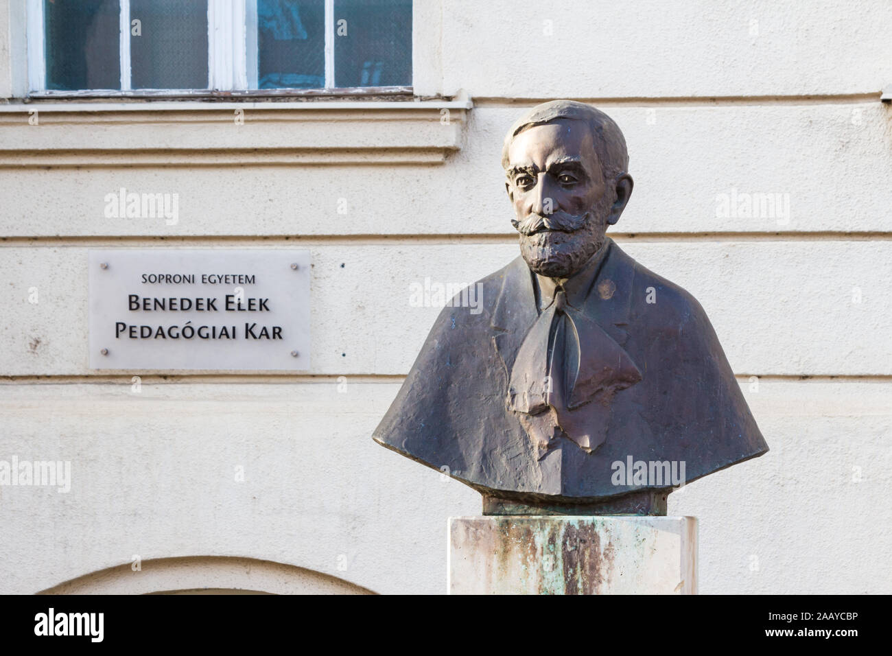 Bronze bust statue of Elek Benedek Hungarian writer in front of University of Sopron Benedek Elek Faculty of Pedagogy, Sopron, Hungary Stock Photo