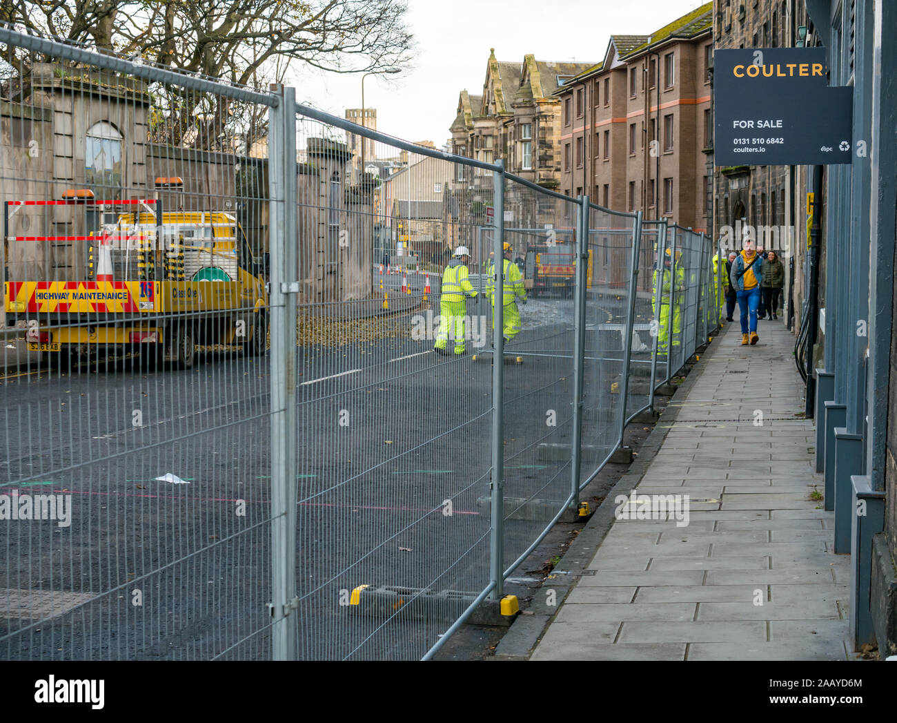 Closed road due to construction work for Trams to Newhaven extension project, Constitution Street, Leith, Edinburgh, Scotland, UK Stock Photo