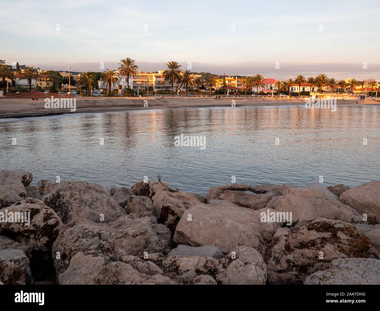 a view of Golfe-Juan and Juan-les-Pins at sunset on the Mediterranean sea  shore in winter Stock Photo - Alamy