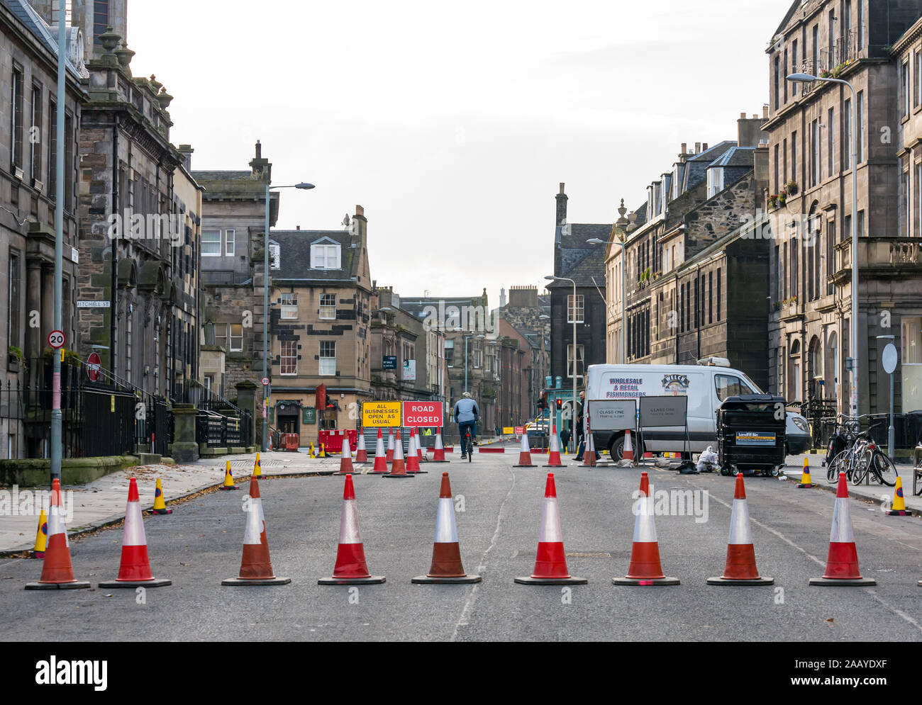Closed road due to construction work for Trams to Newhaven extension project, Constitution Street, Leith, Edinburgh, Scotland, UK Stock Photo